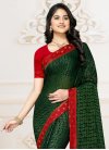 Faux Chiffon Lace Work Bottle Green and Red Designer Contemporary Saree - 1