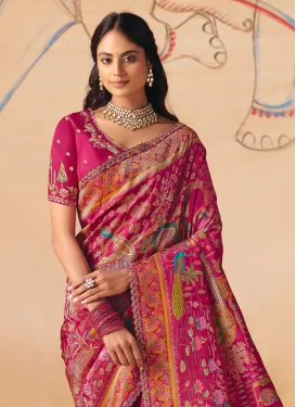 Embroidered Work Dola Silk Traditional Saree in Fuchsia for Women