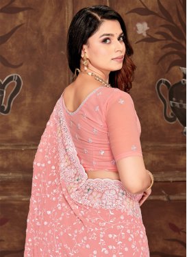 Embroidered Work Georgette Classic Saree in Salmon for Women