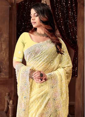 Embroidered Work Georgette Classic Saree in Yellow for Women