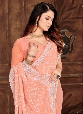 Peach Georgette Embroidered Work Classic Saree for Women