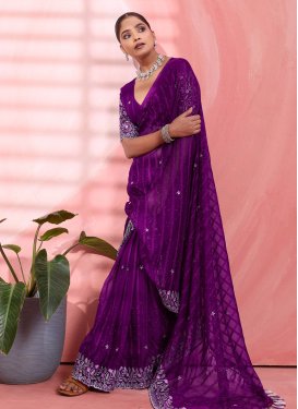 Chiffon Traditional Saree with Embroidered Work for Casual in Purple