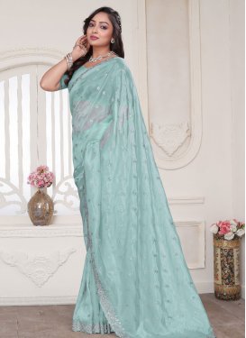 Organza Traditional Saree with Embroidered Work in Aqua Blue for Ceremonial