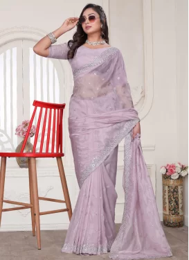 Organza Traditional Saree with Embroidered Work for Festival in Mauve