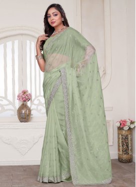 Organza Embroidered Work Trendy Saree in Mint Green