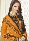 Brown and Mustard Lace Work Jacquard Silk Trendy Pakistani Salwar Suit - 1