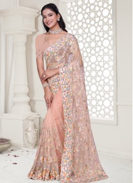 Net Classic Saree with Embroidered Work for Festival in Salmon