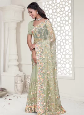 Net Classic Saree with Embroidered Work for Party in Sea Green