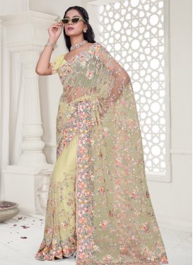 Net Trendy Saree with Embroidered Work for Festival in Yellow