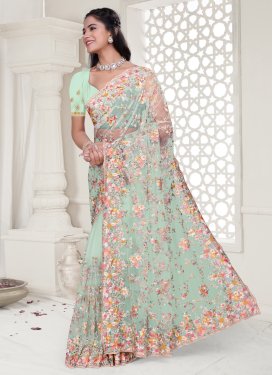 Embroidered Work Net Trendy Saree in Turquoise for Women