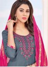 Embroidered Work Grey and Rose Pink Cotton Semi Patiala Salwar Kameez - 1