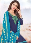 Cotton Light Blue and Navy Blue Embroidered Work Semi Patiala Salwar Suit - 1
