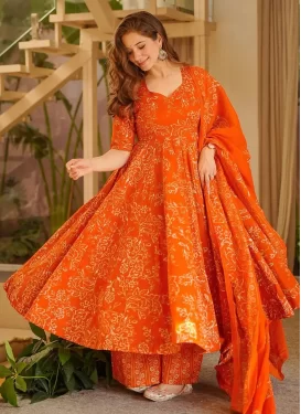 Maslin Anarkali Suit with Digital Print Work for Women in Orange