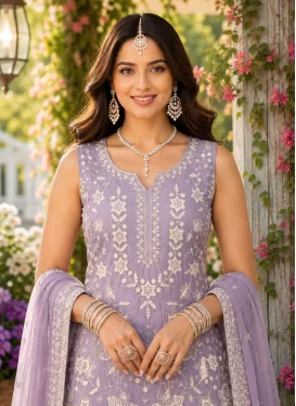 Chiffon Embroidered Work Sharara Suit in Lavender