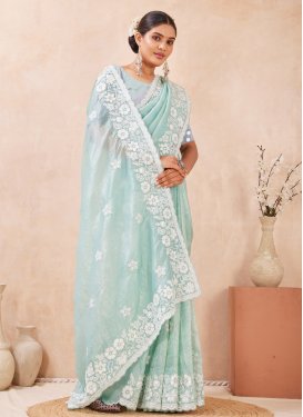 Embroidered Work Crush Traditional Saree in Turquoise for Festival