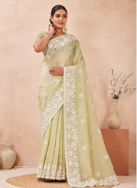 Crush Traditional Saree in Sea Green with Embroidered Work for Festival