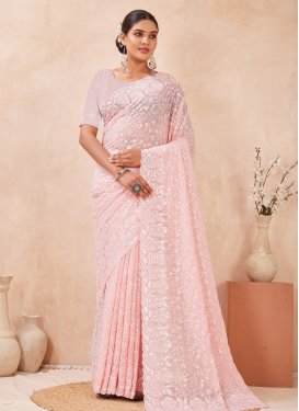 Georgette Classic Saree with Embroidered Work for Festival in Pink