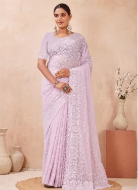 Georgette Classic Saree with Embroidered Work in Lavender
