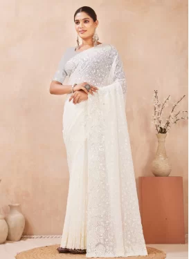 Georgette Classic Saree with Embroidered Work in Off White for Festival