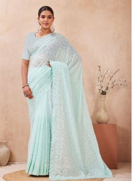 Embroidered Work Georgette Traditional Saree in Turquoise for Women