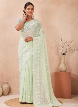 Georgette Traditional Saree with Embroidered Work in Sea Green for Ceremonial