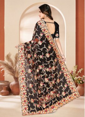 Net Classic Saree with Embroidered Work in Black