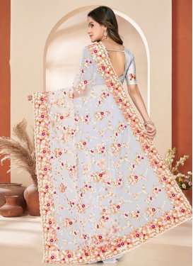 Net Classic Saree in White with Embroidered Work for Festival