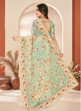 Embroidered Work Net Classic Saree in Mint Green for Ceremonial
