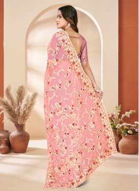Net Traditional Saree with Embroidered Work in Salmon for Festival