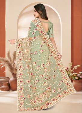 Net Trendy Saree in Sea Green with Embroidered Work for Ceremonial