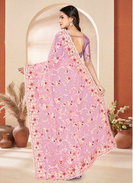 Embroidered Work Net Trendy Saree in Pink for Women