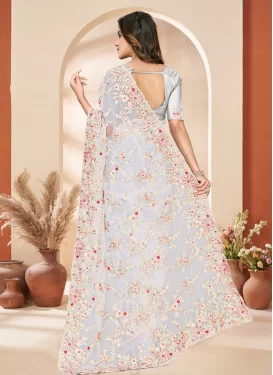 Net Classic Saree in Off White with Embroidered Work for Festival