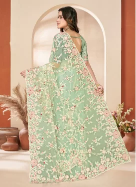 Net Traditional Saree with Embroidered Work in Mint Green for Ceremonial