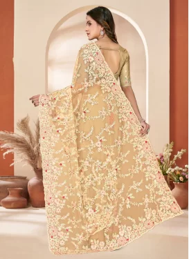 Net Traditional Saree in Beige with Embroidered Work for Festival