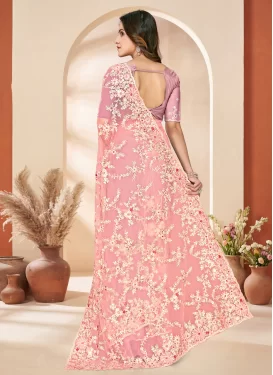 Net Trendy Saree with Embroidered Work for Ceremonial in Pink