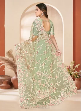 Embroidered Work Trendy Saree For Festival in Sea Green