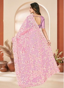 Embroidered Work Net Trendy Saree in Mauve for Women