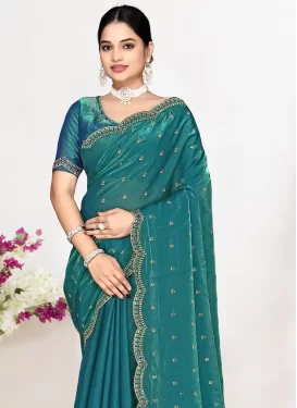 Satin Silk Classic Saree in Teal with Swarovski Work for Women