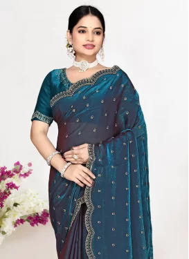 Satin Silk Traditional Saree with Swarovski Work in Teal for Festival