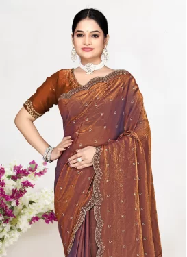 Orange Satin Silk Swarovski Work Traditional Saree for Women