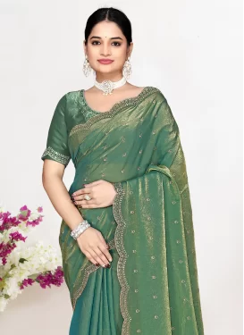 Satin Silk Traditional Saree in Sea Green with Swarovski Work for Ceremonial