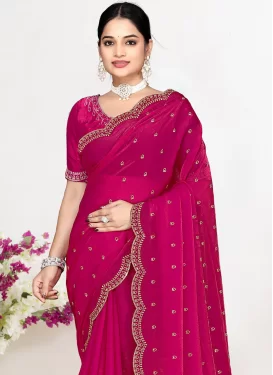 Rose Pink Satin Silk Swarovski Work Trendy Saree for Women