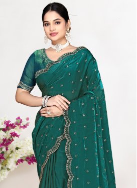 Swarovski Work Satin Silk Trendy Saree in Green for Women