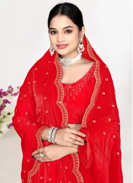 Swarovski Work Satin Silk Trendy Saree in Red for Ceremonial
