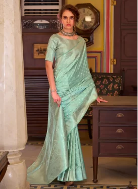 Woven Work Satin Silk Classic Saree in Turquoise for Ceremonial