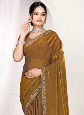 Swarovski Work Satin Silk Classic Saree in Gold for Women
