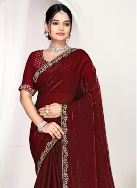 Satin Silk Traditional Saree with Swarovski Work in Maroon