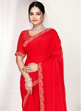 Satin Silk Swarovski Work Traditional Saree in Red