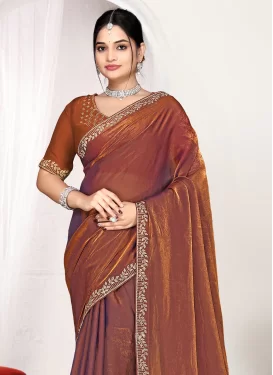 Swarovski Work Satin Silk Traditional Saree in Orange for Women