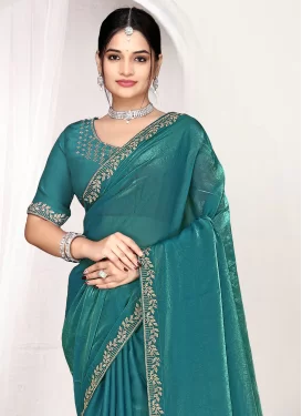 Swarovski Work Satin Silk Traditional Saree in Teal for Festival